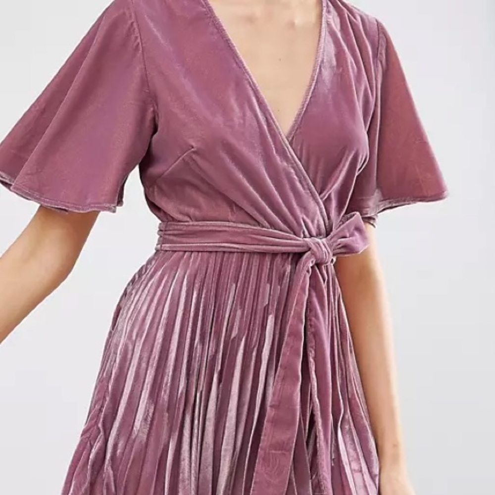 ASOS Velvet Wrap Front Pleated Skater Dress NWT - Picture 2 of 7